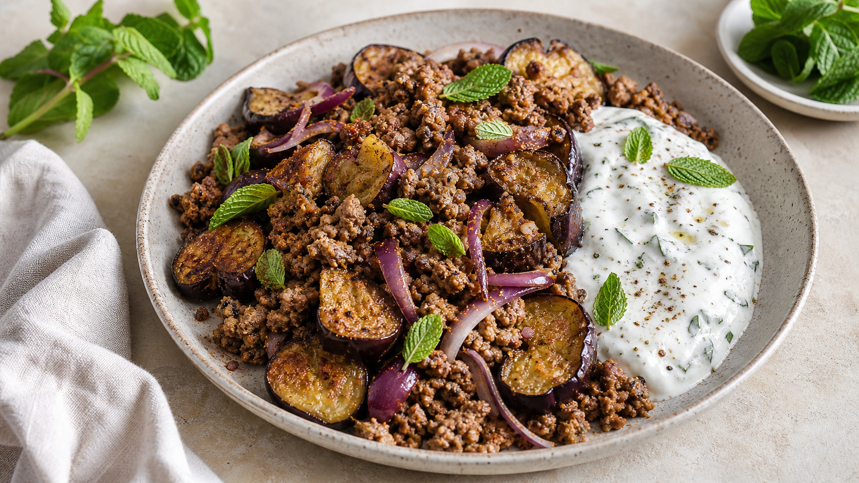 Keto Lammhack-Blech mit gerösteten Auberginen und Joghurtsauce