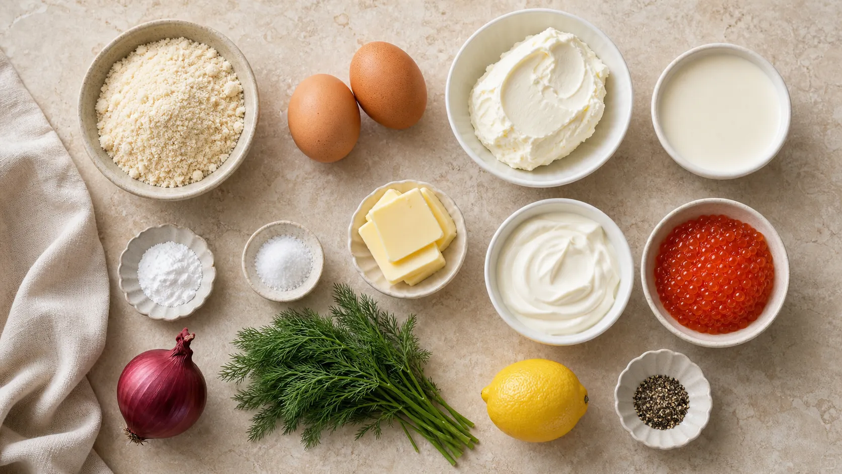 Zutaten für Keto Blinis: Mandelmehl, Eier, Frischkäse, Sahne, Butter, Crème fraîche, Forellenkaviar, Dill und rote Zwiebel