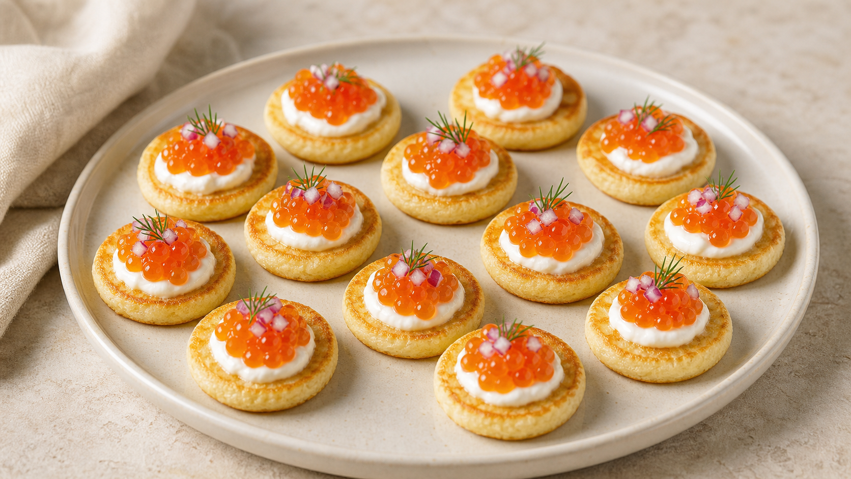 Zwölf kleine Keto Blinis auf einer Platte, jeweils mit Crème fraîche, Forellenkaviar, roten Zwiebelwürfeln und Dill belegt