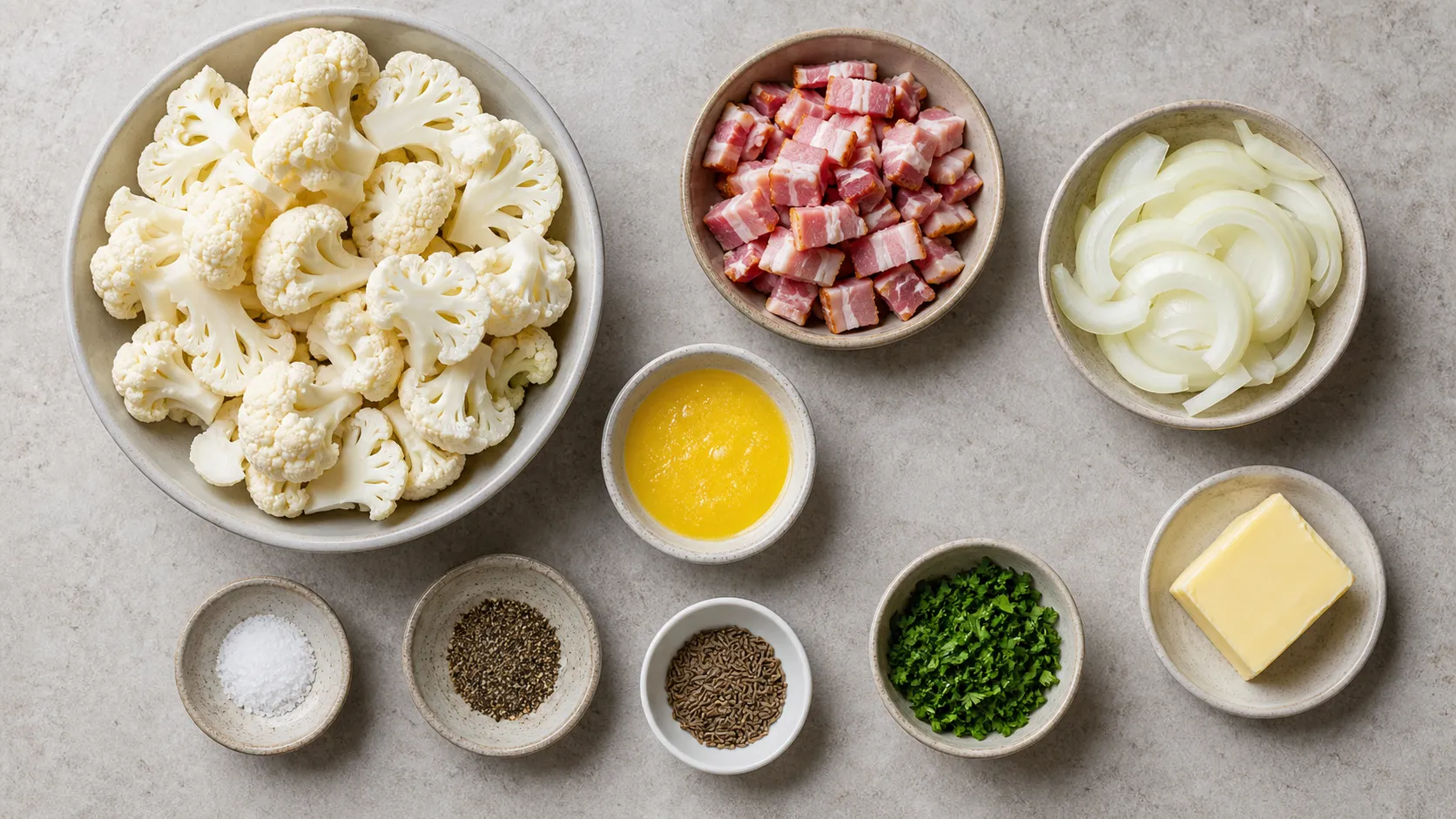 Zutaten für Keto-Blumenkohl-Bratkartoffeln: Blumenkohl, Speck, Zwiebel, Butter, Kümmel und Petersilie