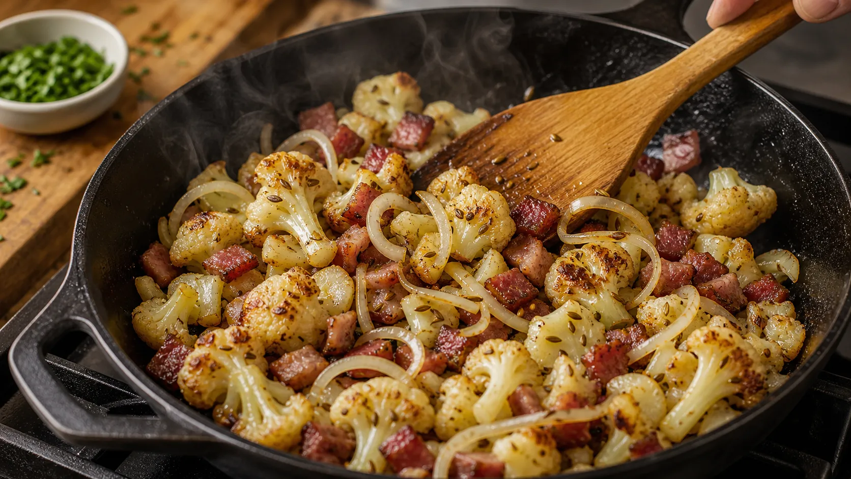 Blumenkohlröschen werden mit Speck, Zwiebeln und Kümmel in einer Pfanne goldbraun gebraten