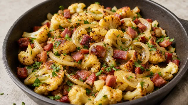 Keto-Bratkartoffeln aus Blumenkohl mit Speck, Zwiebeln, Kümmel und Petersilie goldbraun angerichtet