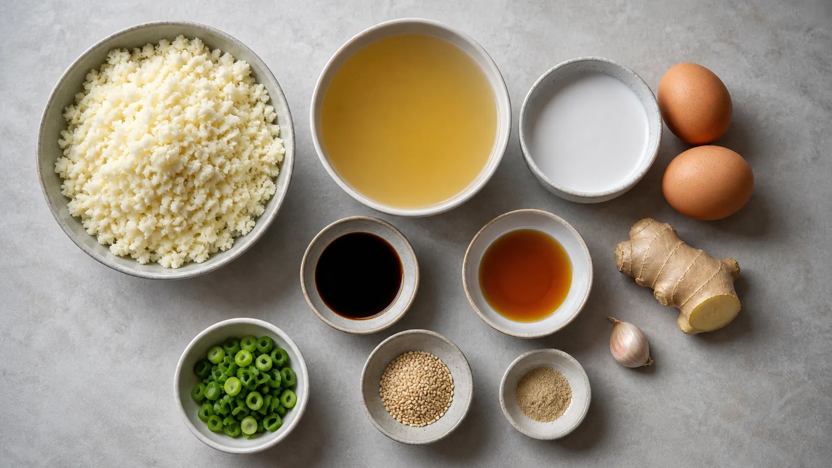 Zutaten für Keto-Congee: geraspelter Blumenkohl, Gemüsebrühe, Kokosmilch, Eier, Ingwer, Sojasauce, Sesamöl und Frühlingszwiebeln