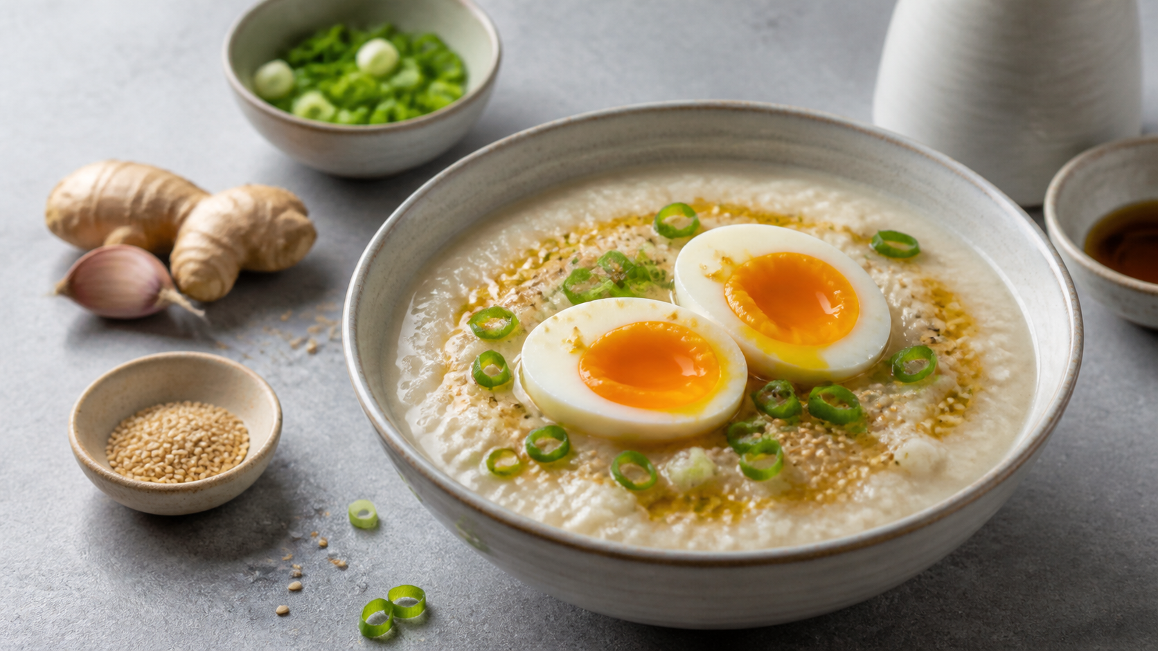 Keto-Congee in einer Schale: cremiger Blumenkohl-Frühstücksbrei mit halbiertem wachsweichem Ei, Frühlingszwiebeln und Sesam