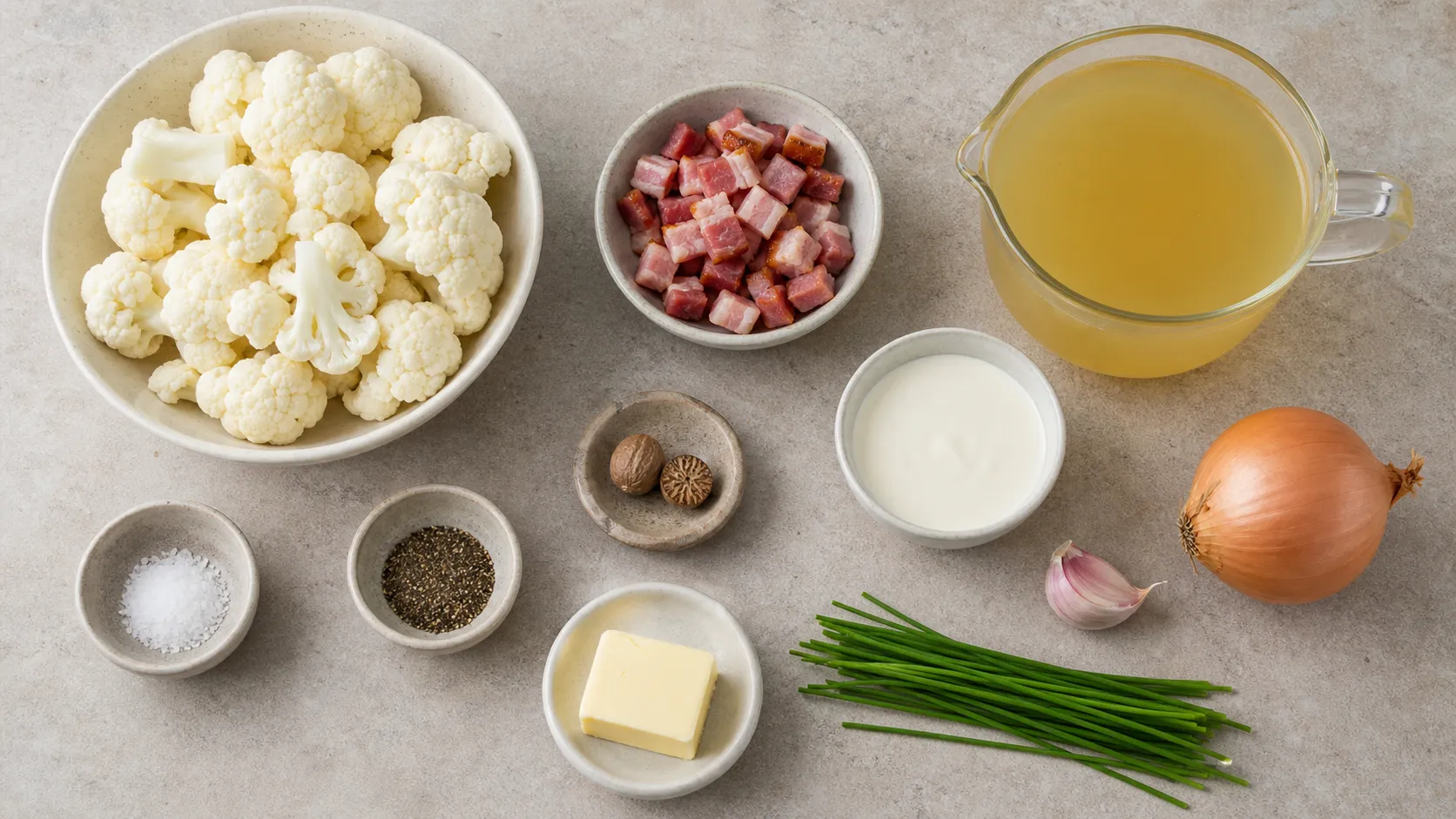Zutaten für Keto-Blumenkohl-Cremesuppe: Blumenkohl, Speckwürfel, Sahne, Zwiebel, Knoblauch und Brühe