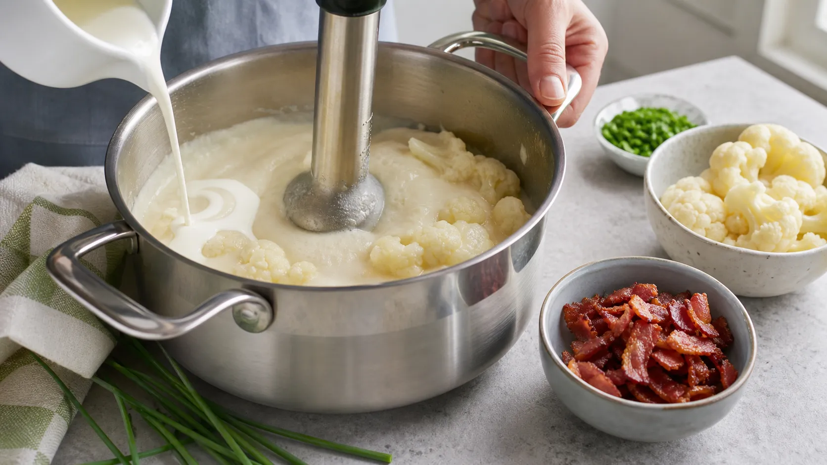 Weich gekochter Blumenkohl wird mit dem Stabmixer zu einer cremigen Suppe püriert