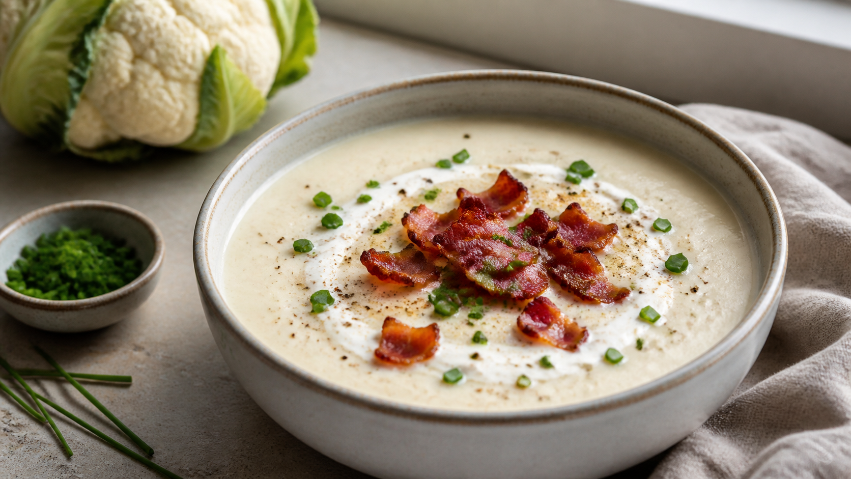 Cremige Keto-Blumenkohl-Cremesuppe mit knusprigen Speckwürfeln und Schnittlauch in einer Schale