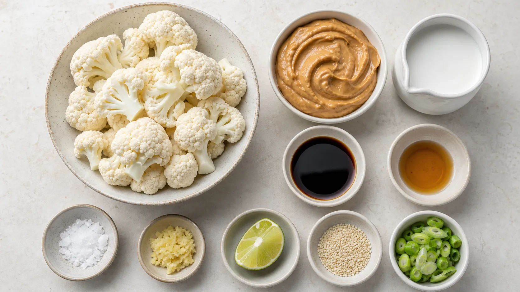 Zutaten für die Keto Blumenkohl-Erdnuss-Satay-Bowl: Blumenkohl, Erdnussmus, Kokosmilch, Sojasauce, Sesamöl, Limette, Ingwer und Sesam