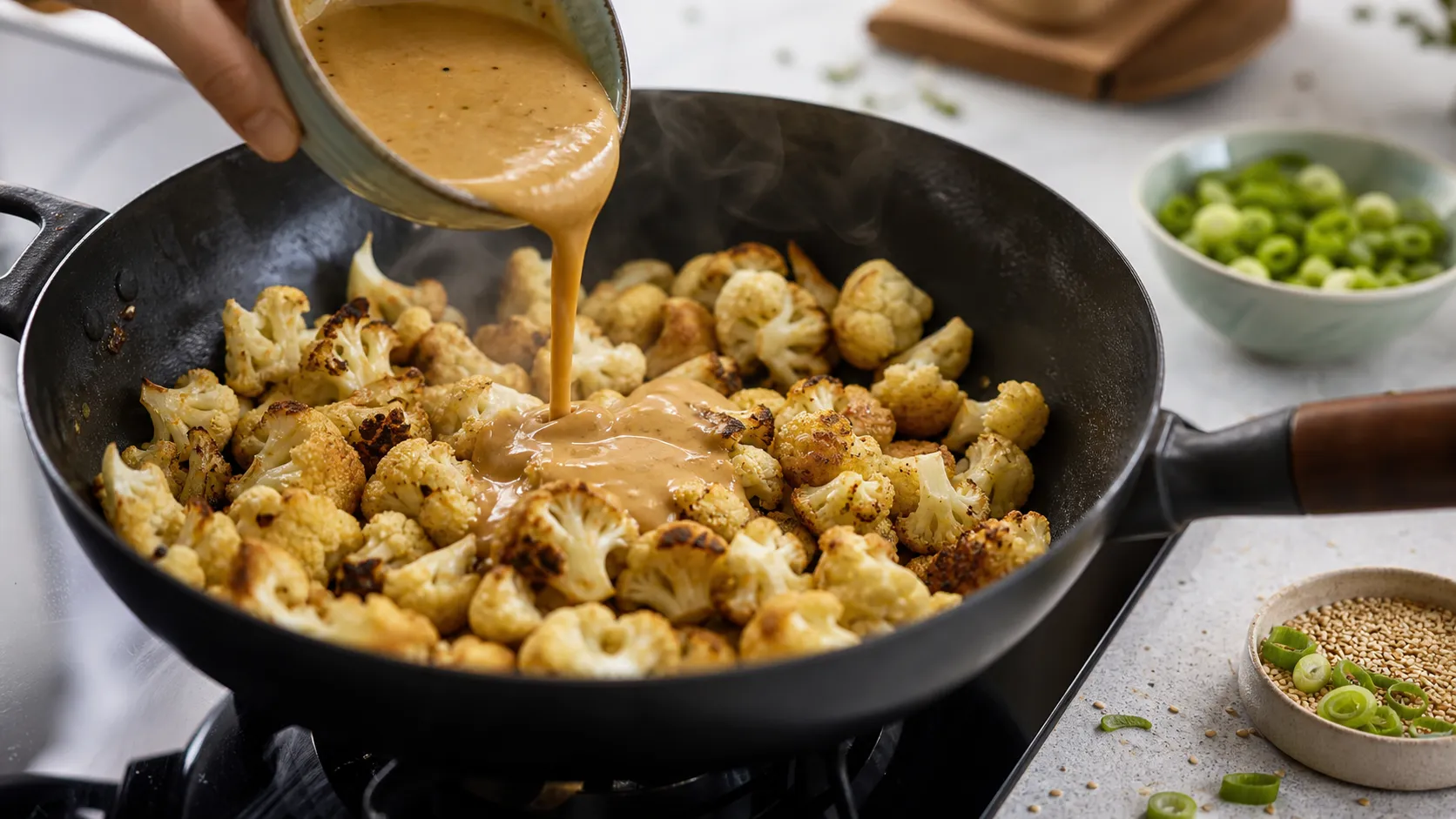 Blumenkohlröschen werden in einer Pfanne goldbraun angeröstet, daneben die cremige Erdnuss-Satay-Sauce