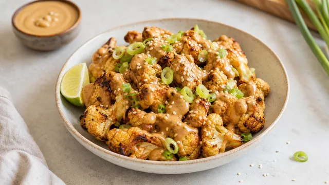 Keto Blumenkohl-Erdnuss-Satay-Bowl mit goldbraun gerösteten Blumenkohlröschen in cremiger Erdnuss-Kokos-Sauce, garniert mit Sesam und Frühlingszwiebeln