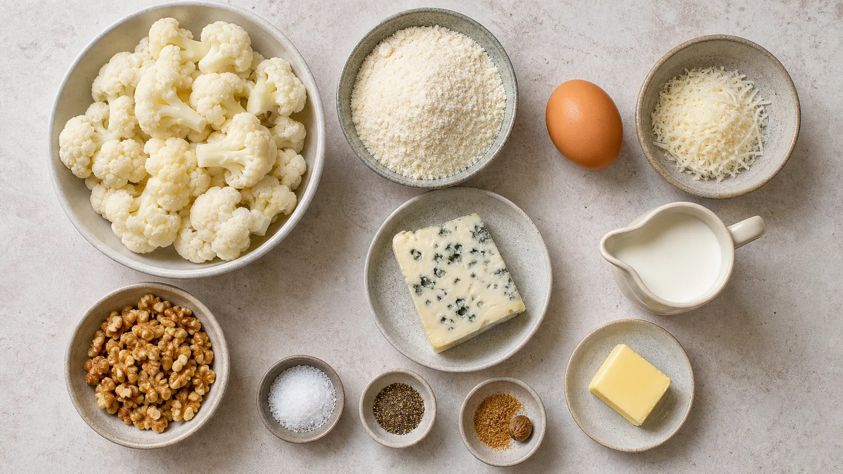 Zutaten für Keto Blumenkohl-Gnocchi: gedämpfter Blumenkohl, Mandelmehl, Ei, Parmesan, Gorgonzola, Sahne und Walnüsse