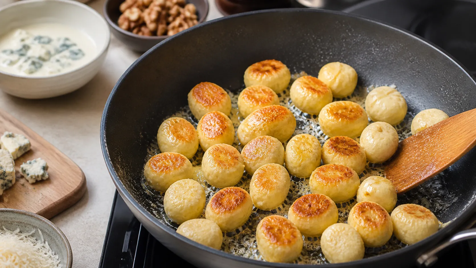 Geformte Blumenkohl-Gnocchi in einer Pfanne mit Butter goldbraun angebraten