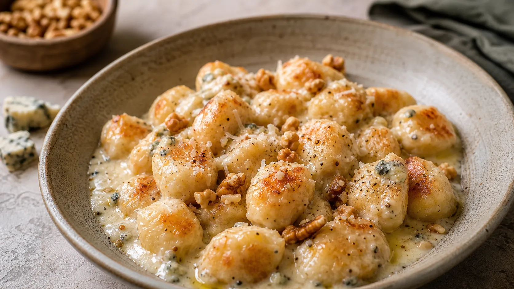 Keto Blumenkohl-Gnocchi mit Gorgonzola-Sahnesauce auf einem tiefen Teller: goldbraun angebratene Gnocchi in cremiger blauer Käsesauce mit Walnüssen