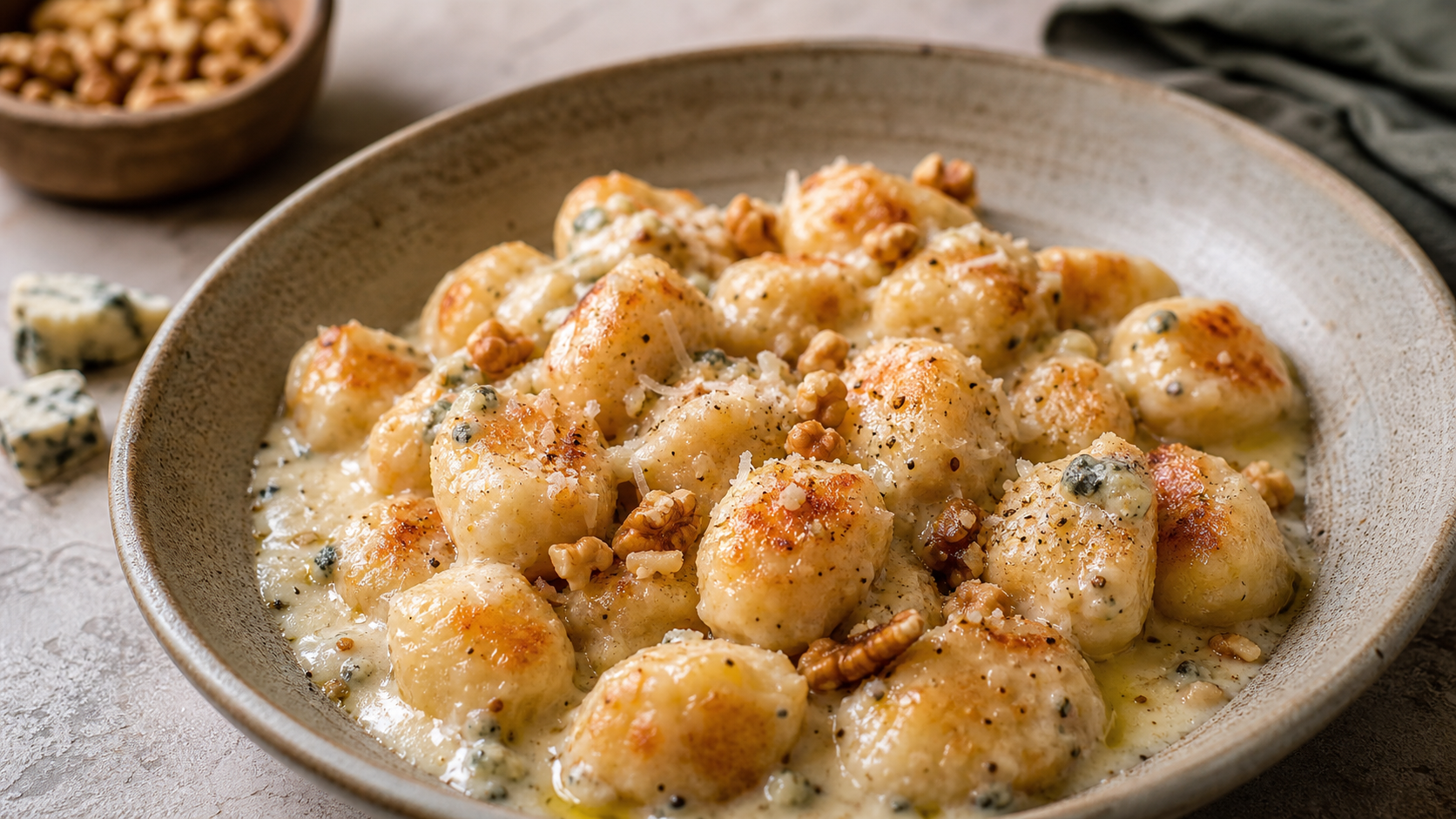 Keto Blumenkohl-Gnocchi mit Gorgonzola-Sahnesauce auf einem tiefen Teller: goldbraun angebratene Gnocchi in cremiger blauer Käsesauce mit Walnüssen