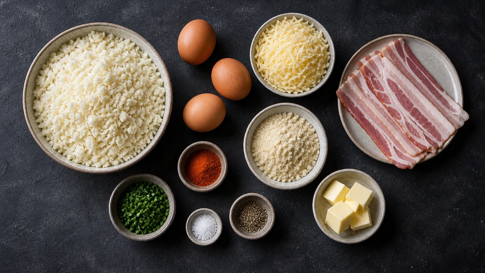 Zutaten für Keto-Blumenkohl-Hashbrowns: geraspelter Blumenkohl, Ei, geriebener Käse, Speck und Gewürze
