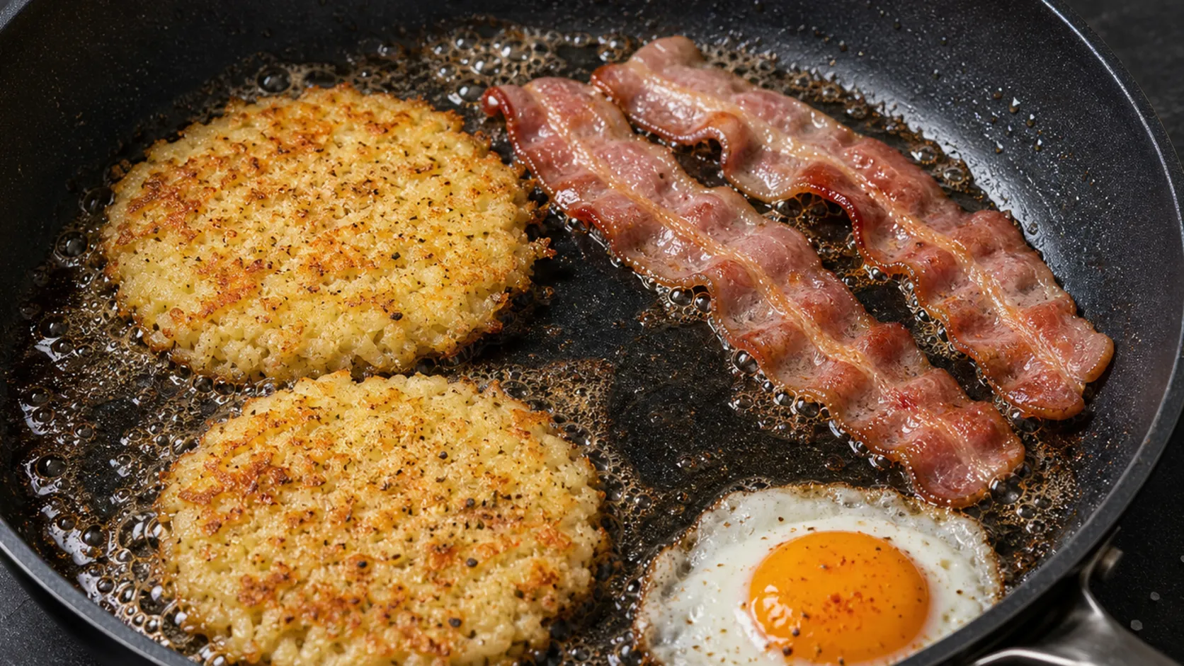Blumenkohl-Hashbrowns braten goldbraun in der Pfanne neben Speck und einem Spiegelei