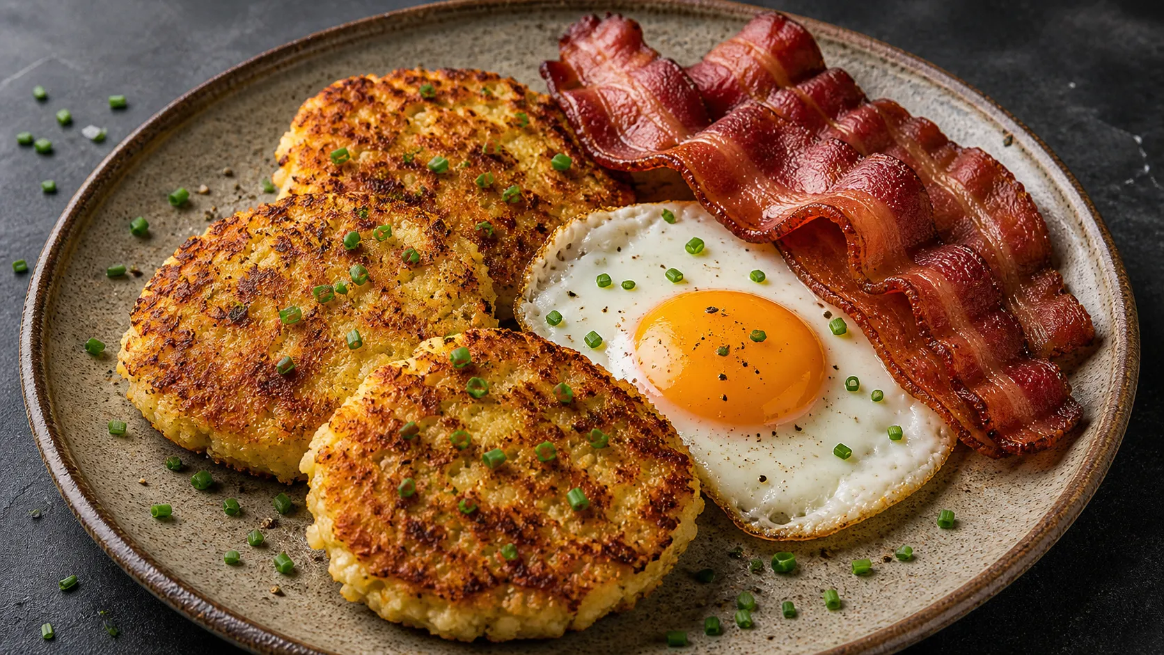 Goldbraune Keto-Blumenkohl-Hashbrowns mit Spiegelei, knusprigem Speck und Schnittlauch auf einem Teller