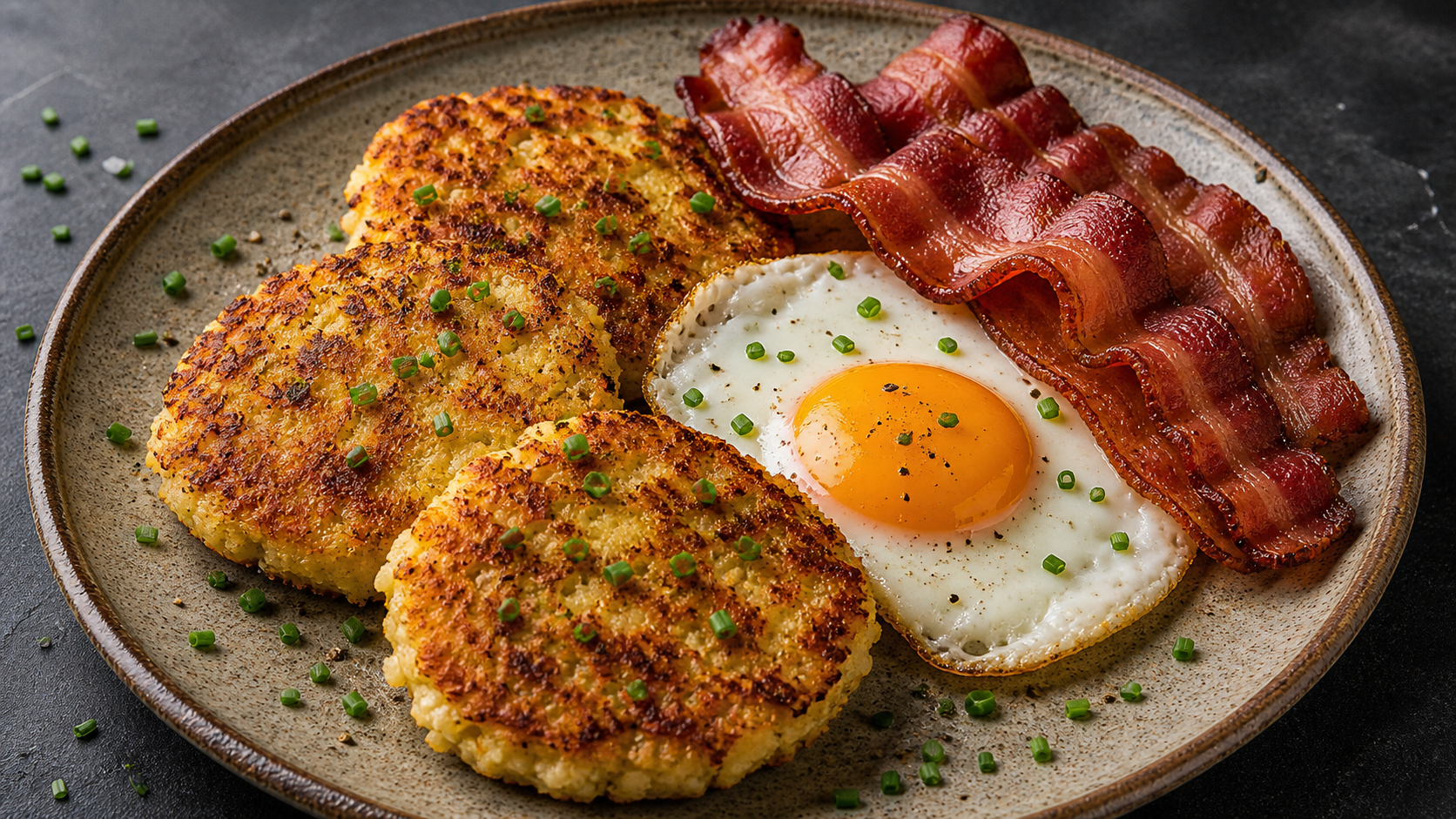 Goldbraune Keto-Blumenkohl-Hashbrowns mit Spiegelei, knusprigem Speck und Schnittlauch auf einem Teller