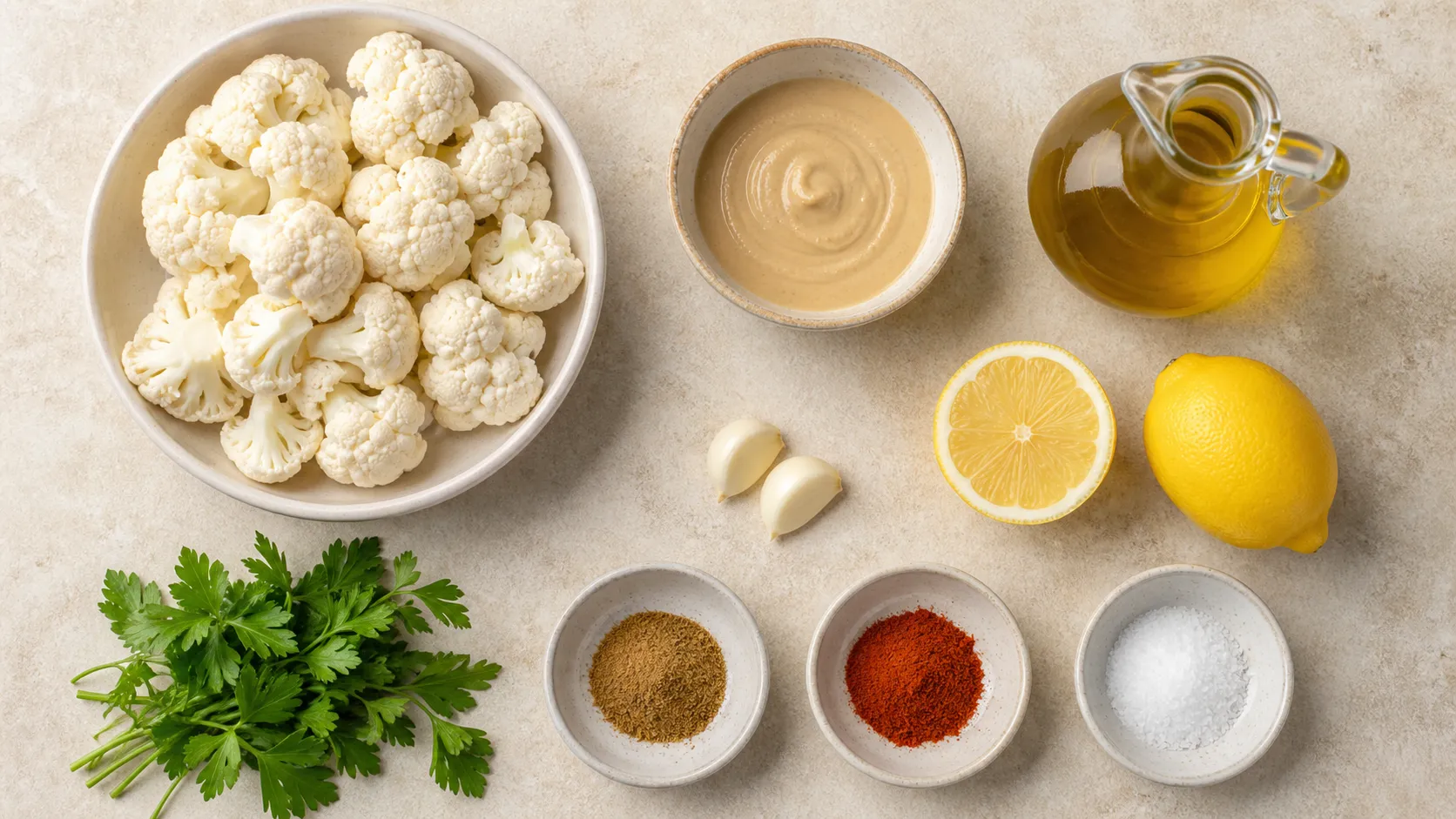 Zutaten für Keto-Hummus: Blumenkohlröschen, Tahini, Olivenöl, Zitrone, Knoblauch und Kreuzkümmel