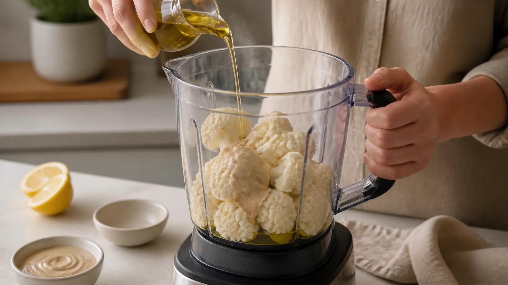 Gedämpfte Blumenkohlröschen werden mit Tahini und Olivenöl im Standmixer püriert