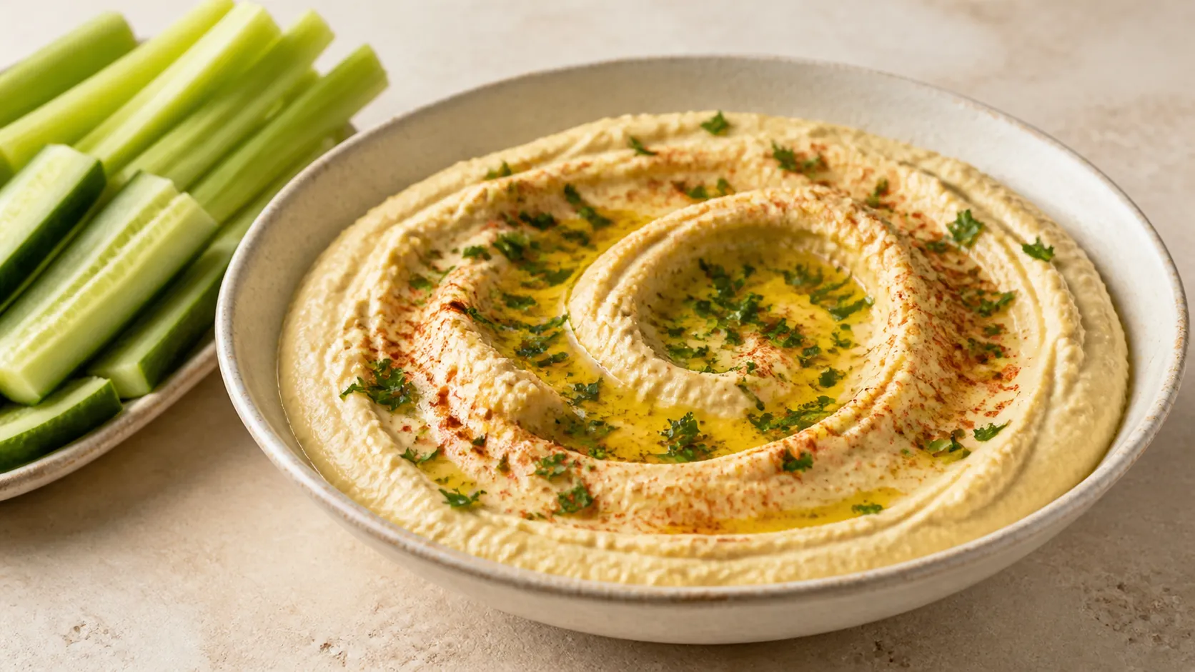 Cremiger heller Blumenkohl-Hummus in einer Schale mit Olivenöl, Paprikapulver und Petersilie, daneben Gemüsesticks