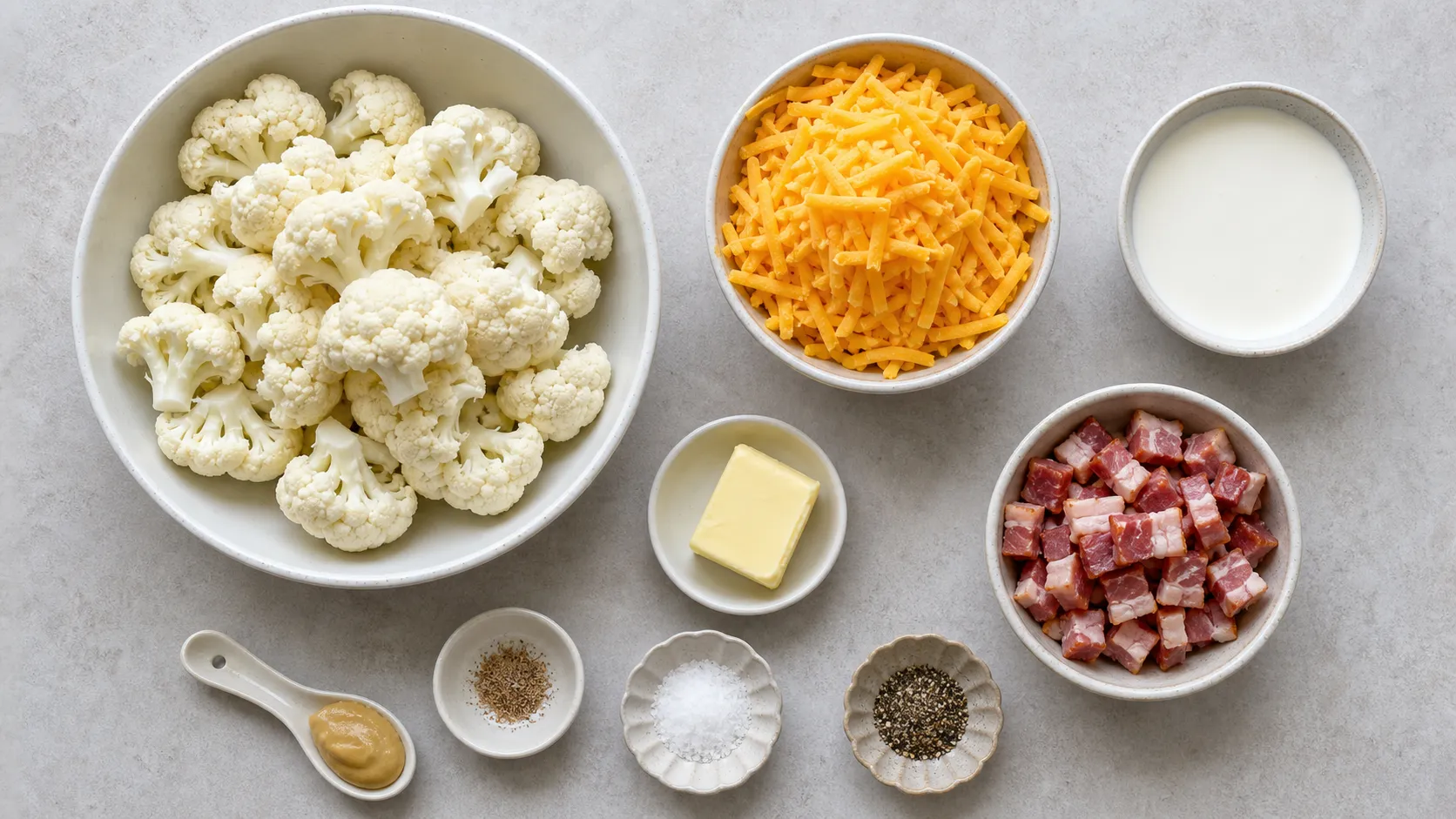 Zutaten für Keto-Blumenkohl-Käse-Gratin mit Blumenkohl, Cheddar, Sahne, Butter und Speck