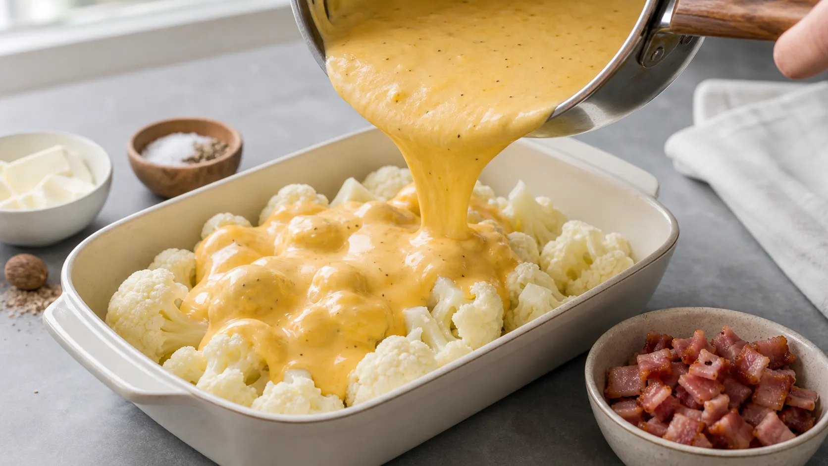 Cheddar-Sahnesauce wird über Blumenkohlröschen in eine Auflaufform gegossen