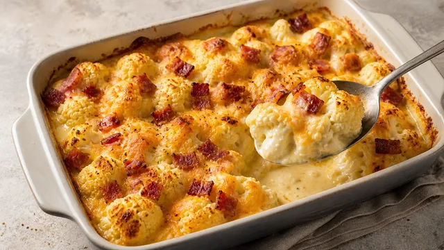 Goldbraunes Keto-Blumenkohl-Käse-Gratin mit Cheddar-Sahnesauce und knusprigen Speckwürfeln