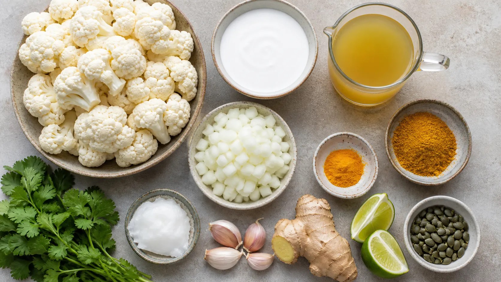 Zutaten für die Suppe: Blumenkohlröschen, Kokosmilch, Zwiebel, Knoblauch, Ingwer, Currypulver und Kurkuma