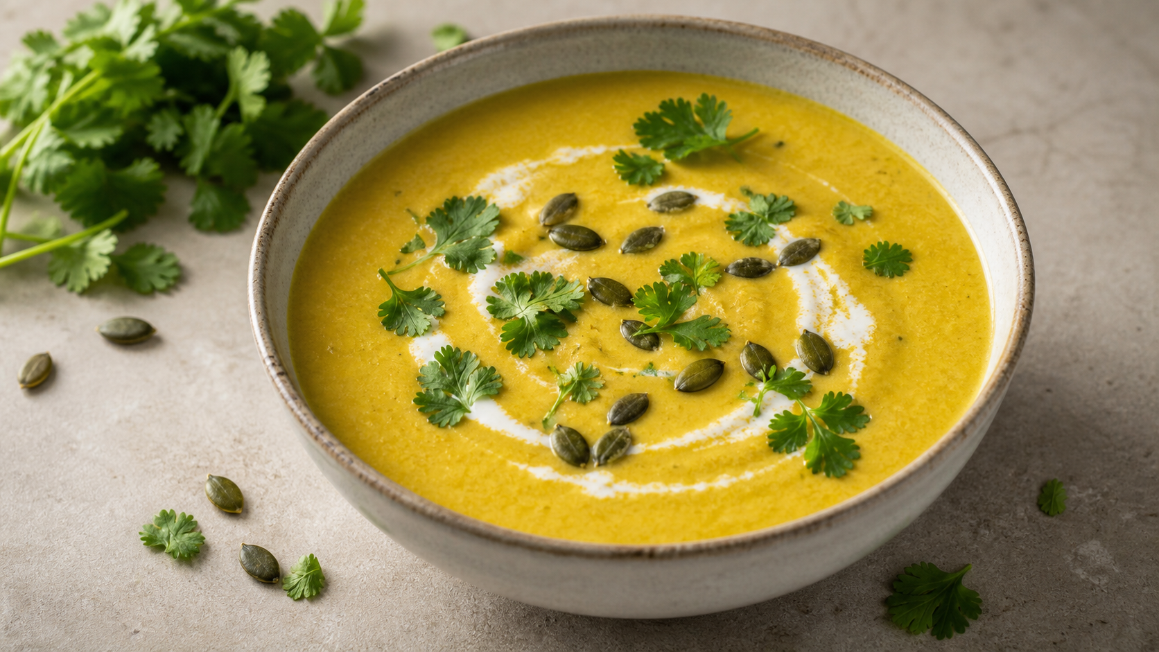 Cremige gelbe Keto-Blumenkohl-Kokos-Currysuppe in einer Schale, garniert mit Koriander und Kürbiskernen