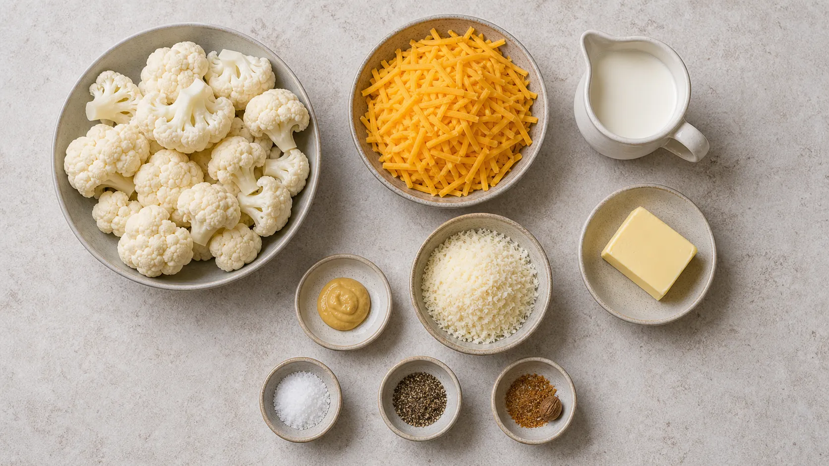 Zutaten für Keto Blumenkohl Mac and Cheese: Blumenkohl, Cheddar, Sahne, Butter, Parmesan, Senf und Gewürze