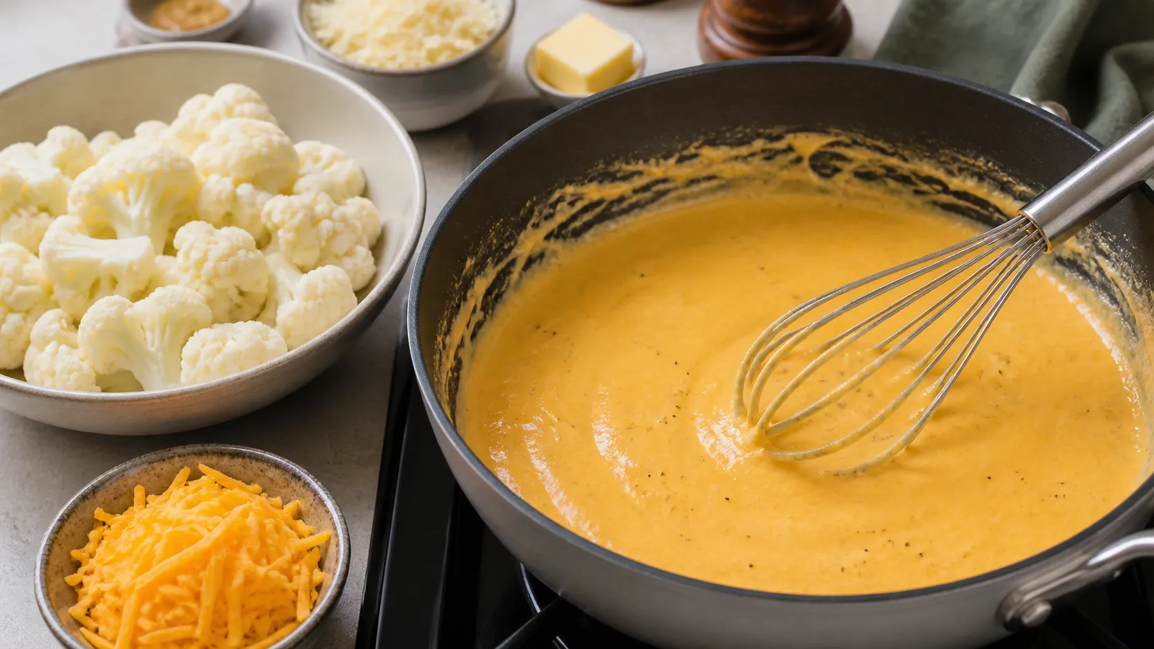 Cremige Cheddar-Käsesauce in der Pfanne, daneben blanchierter Blumenkohl bereit zum Überbacken