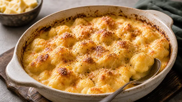 Keto Blumenkohl Mac and Cheese in einer Auflaufform: goldbraun überbackener Cheddar auf Blumenkohlröschen in cremiger Käsesauce