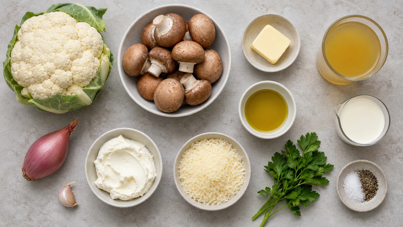 Zutaten für Keto-Pilzragout: gemischte Pilze, Butter, Sahne, Eier, Parmesan, Schalotte und Thymian