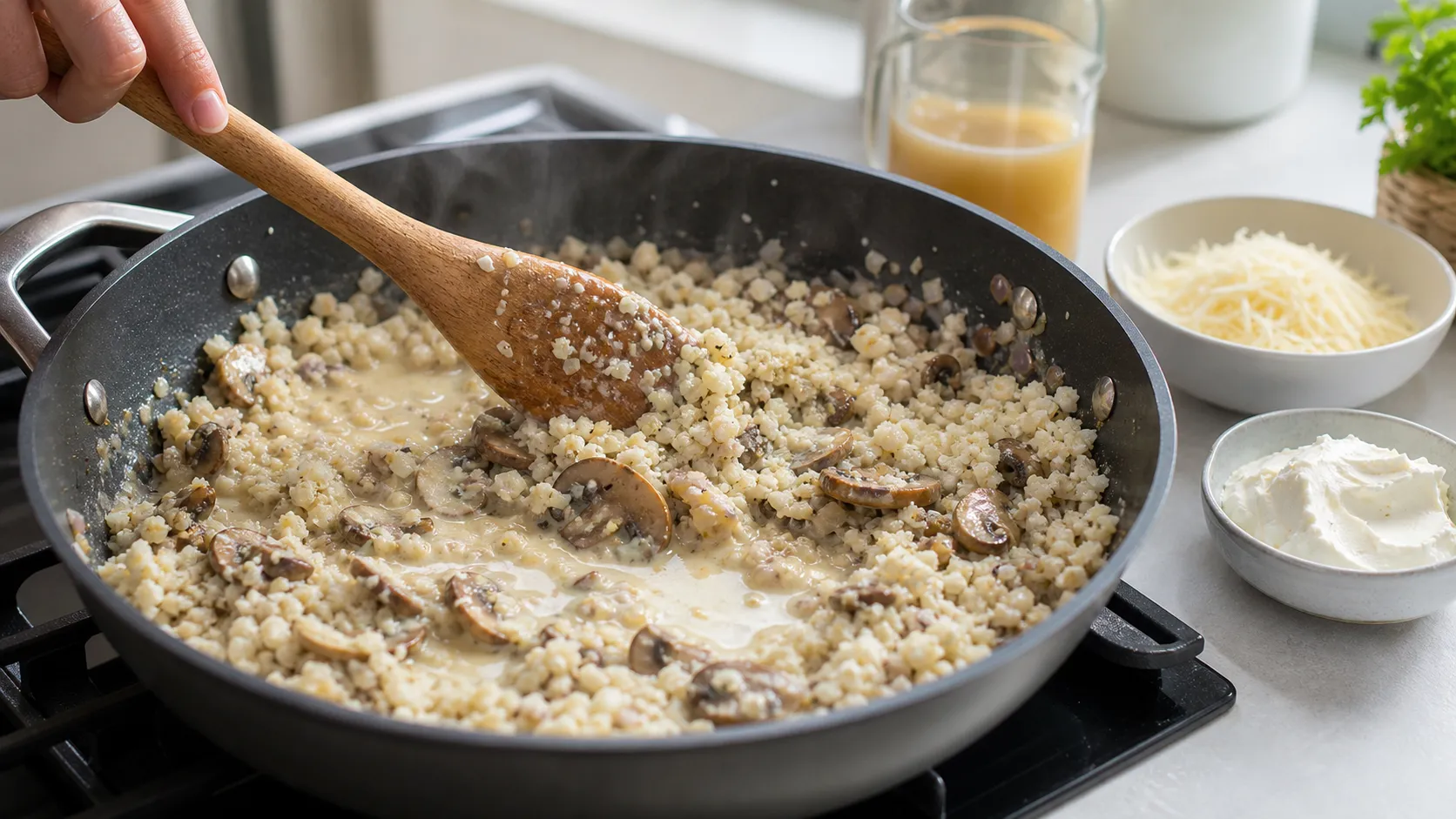 Pilze braten in der Pfanne mit Sahne, daneben pochiert ein Ei im siedenden Wasser