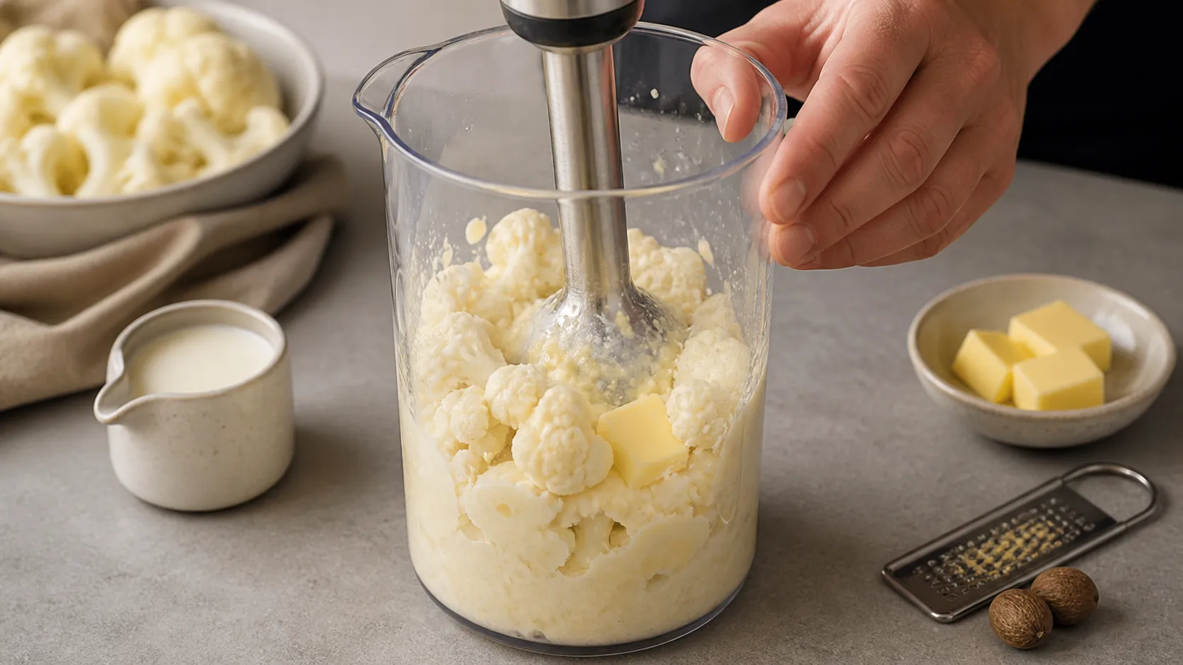 Gekochter Blumenkohl wird mit Butter und Sahne zu cremigem Keto-Stampf püriert