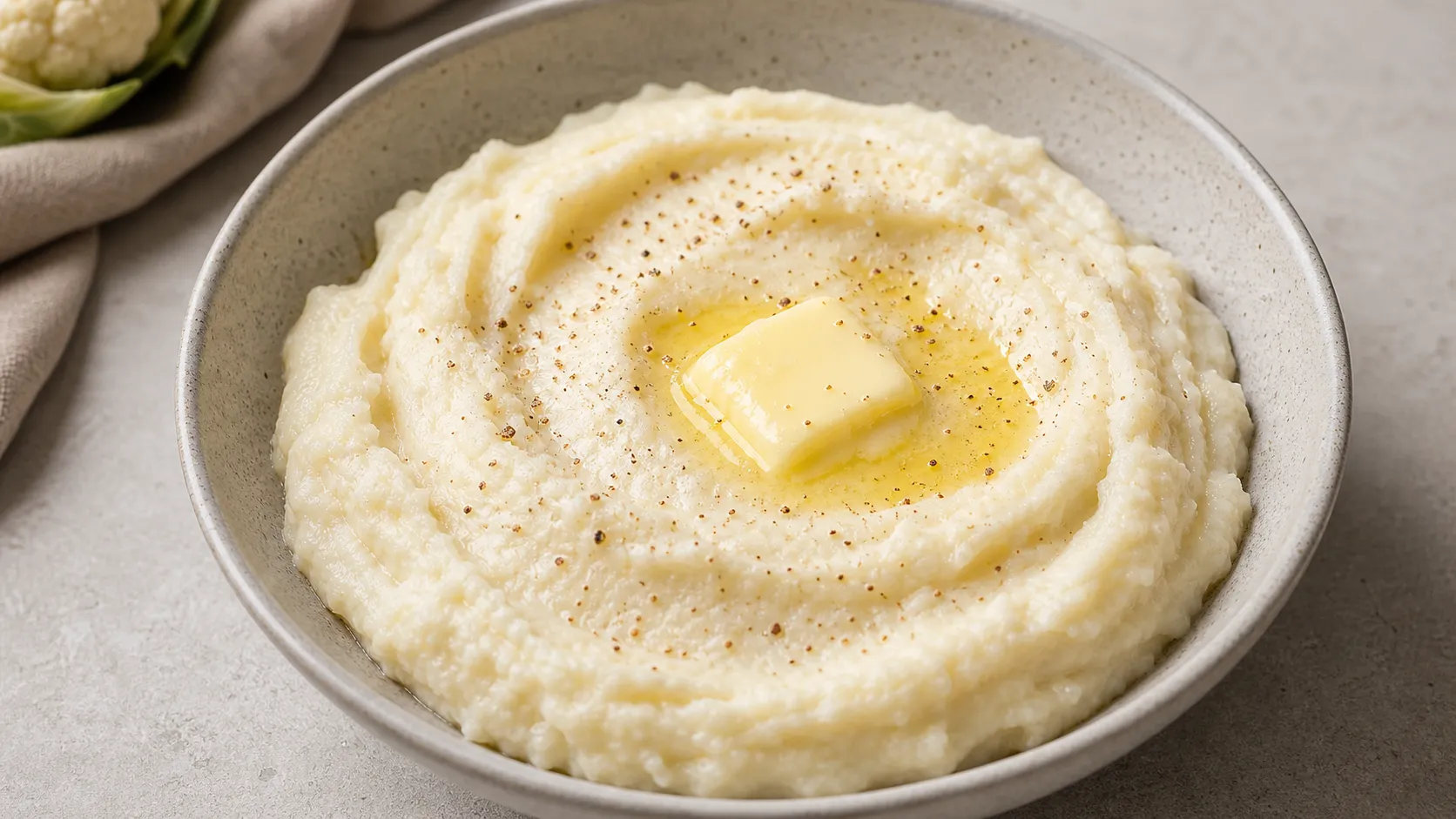 Cremiger Keto-Blumenkohl-Stampf mit geschmolzener Butter, Muskat und weissem Pfeffer in einer Schüssel