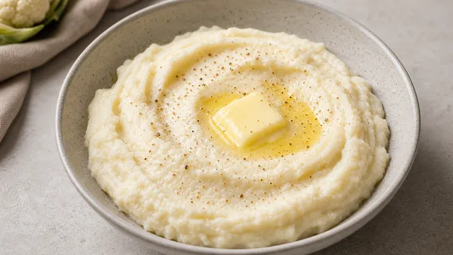 Cremiger Keto-Blumenkohl-Stampf mit geschmolzener Butter, Muskat und weissem Pfeffer in einer Schüssel