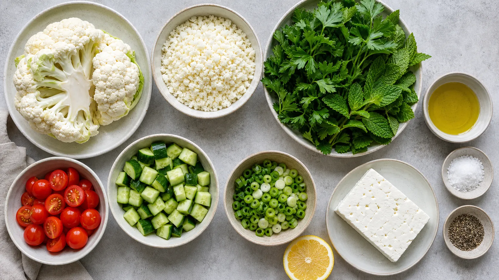 Zutaten für Keto Blumenkohl-Tabouleh mit Blumenkohl, Petersilie, Minze, Cherry-Tomaten, Gurke, Feta-Käse und Zitrone