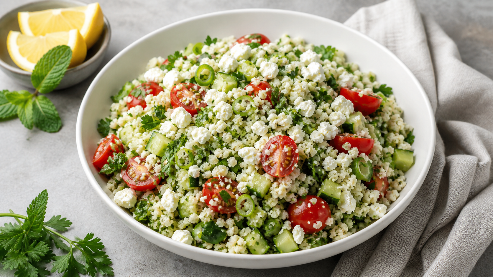 Keto Blumenkohl-Tabouleh mit gehackter Petersilie, Minze, Cherry-Tomaten, Gurke und zerbröseltem Feta-Käse in einer Schüssel