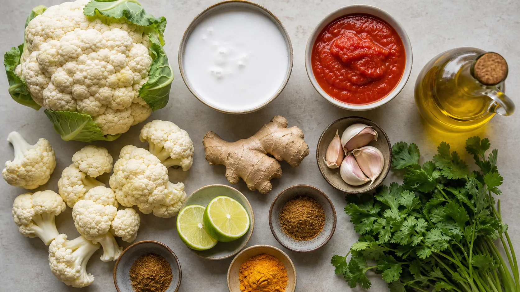 Zutaten für das Keto Blumenkohl-Tikka-Masala: Blumenkohl, Kokosmilch, passierte Tomaten, Olivenöl, Garam Masala, Kurkuma, Kreuzkümmel, Ingwer und Knoblauch