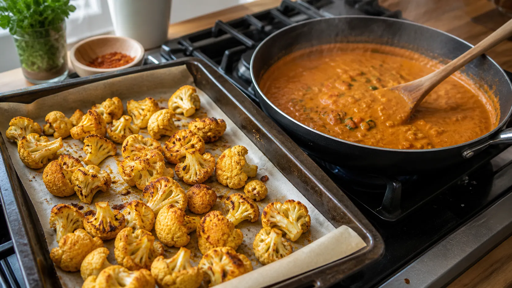 Blumenkohlröschen werden im Ofen geröstet, daneben köchelt die Tikka-Masala-Sauce in einer Pfanne