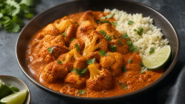 Keto Blumenkohl-Tikka-Masala mit goldbraun geröstetem Blumenkohl in cremiger orangeroter Kokosmilch-Tomaten-Sauce, garniert mit frischem Koriander