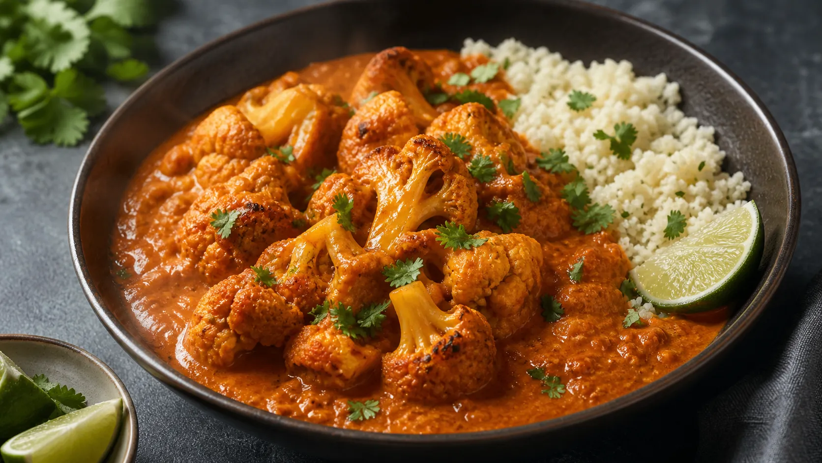 Keto Blumenkohl-Tikka-Masala mit goldbraun geröstetem Blumenkohl in cremiger orangeroter Kokosmilch-Tomaten-Sauce, garniert mit frischem Koriander
