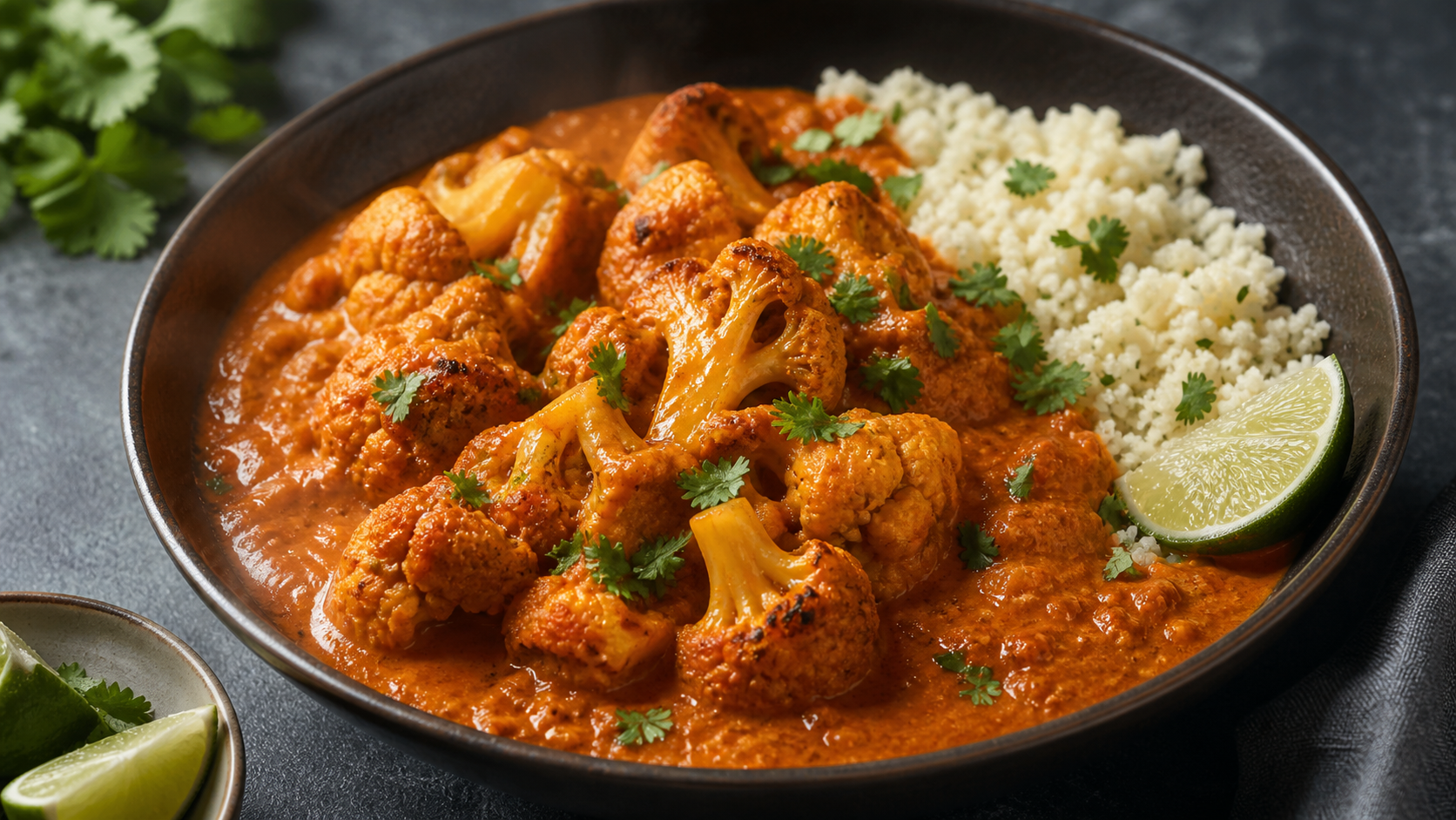 Keto Blumenkohl-Tikka-Masala mit goldbraun geröstetem Blumenkohl in cremiger orangeroter Kokosmilch-Tomaten-Sauce, garniert mit frischem Koriander