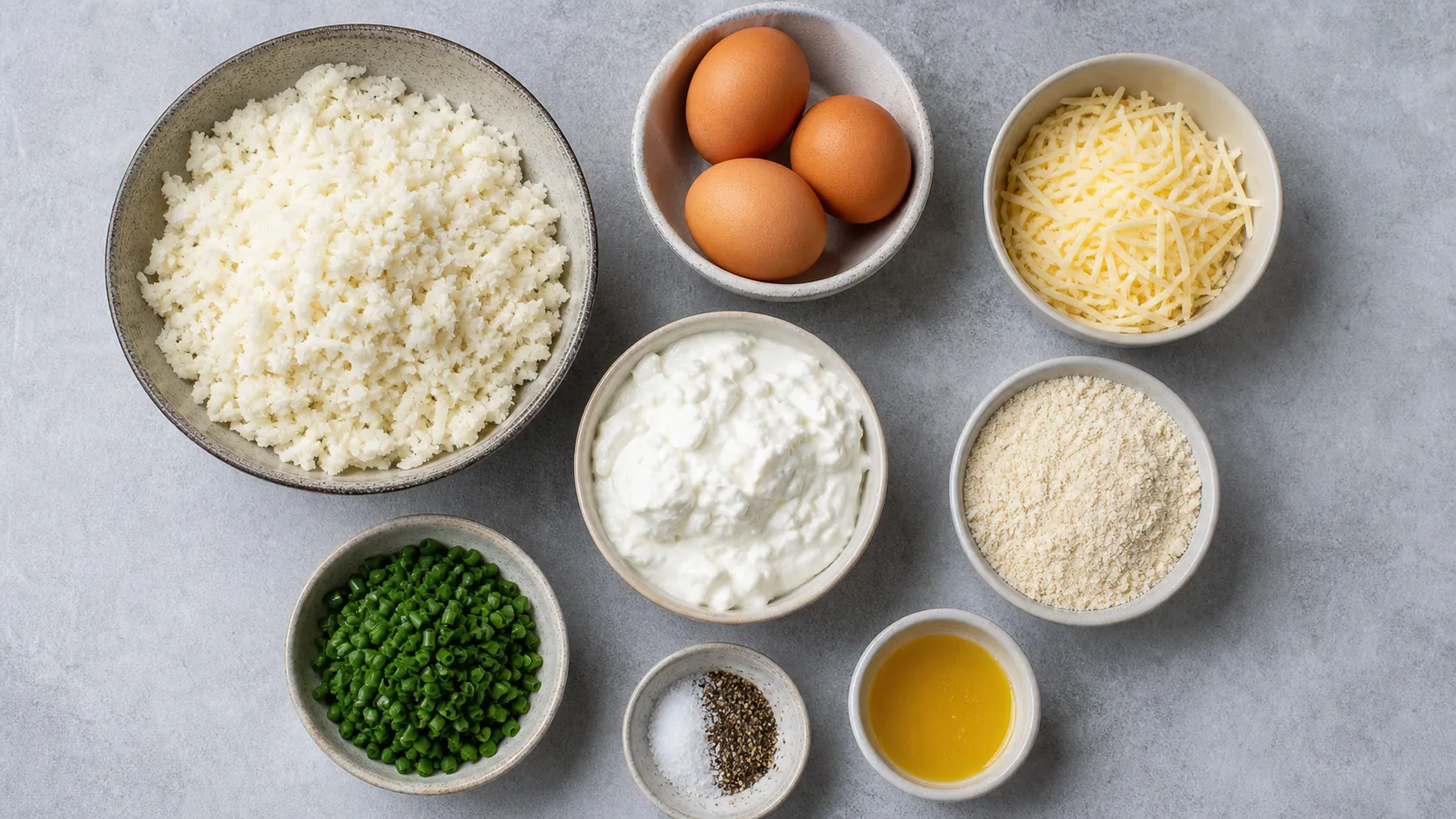 Zutaten für Keto-Blumenkohl-Waffeln: geriebener Blumenkohl, Eier, Käse, Mandelmehl und Quark