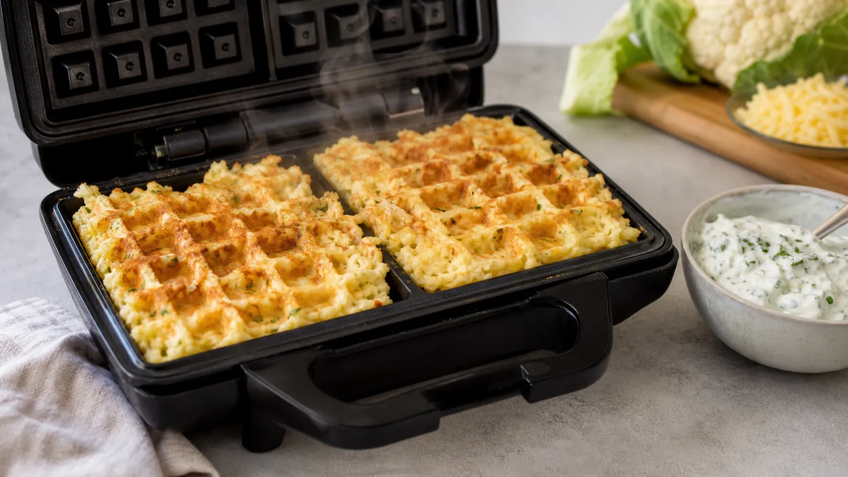 Blumenkohl-Waffelteig im heißen Waffeleisen mit vorbereitetem Kräuterquark daneben