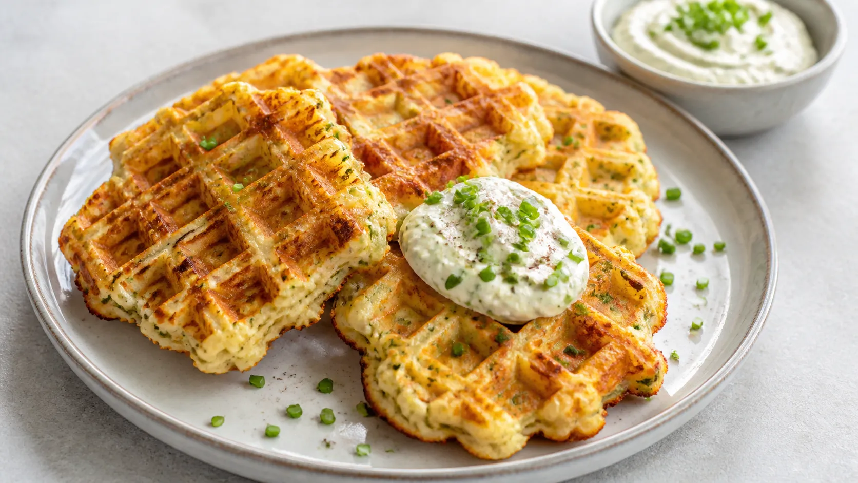 Goldbraune Keto-Blumenkohl-Waffeln mit einem Klecks Kräuterquark und Schnittlauch auf einem Teller