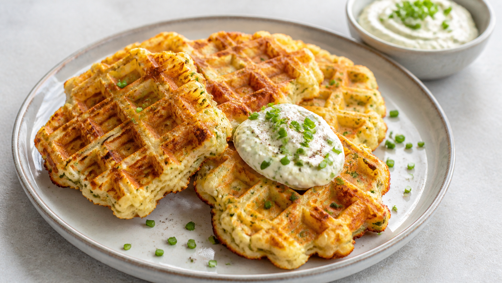 Goldbraune Keto-Blumenkohl-Waffeln mit einem Klecks Kräuterquark und Schnittlauch auf einem Teller