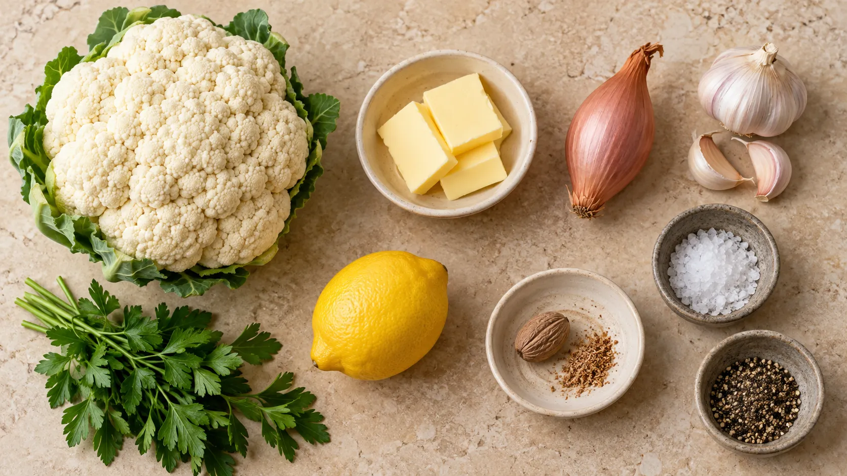 Zutaten für Keto-Blumenkohlreis: ein Blumenkohlkopf, Butter, eine Schalotte, eine Knoblauchzehe, glatte Petersilie, Zitrone, Salz und Pfeffer